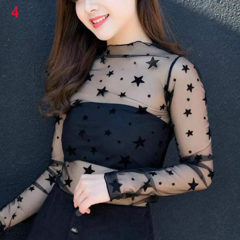 Lace Sheer Women‘s T-Shirt Fashion Mesh Summer Thin Bottom Shirt Transparent Long Sleeve Blouses Ladies Tops High Neck Tee Soli