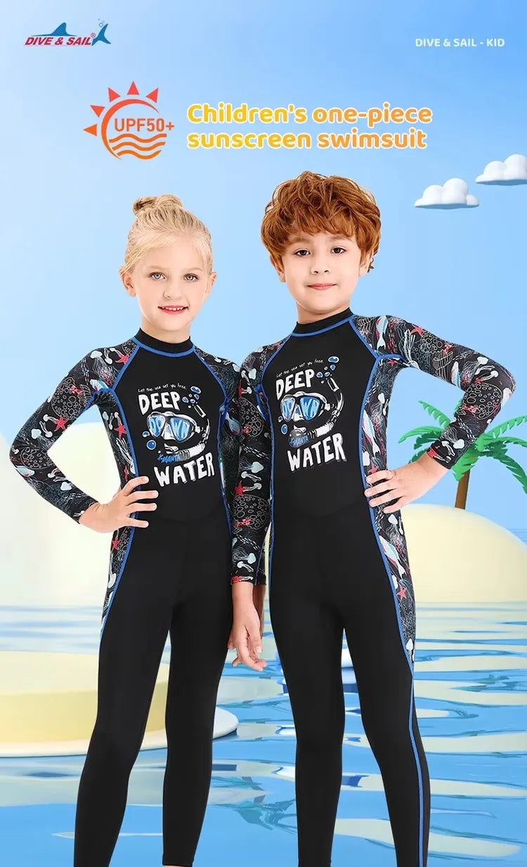 Girl Boy Swimwear Zipper One Piece Suit Kids Sunscreen Quick Drying Long Swimsuit Beachwear Bathing Suit(Including Swimming Cap)