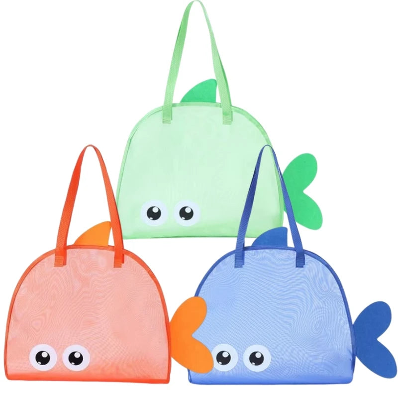 Cartoon Kids Mesh Beach Bag Large Capacity Foldable Sand Toy Storage Tote Lightweight Swim Pool Bag for Gym Travel Camping