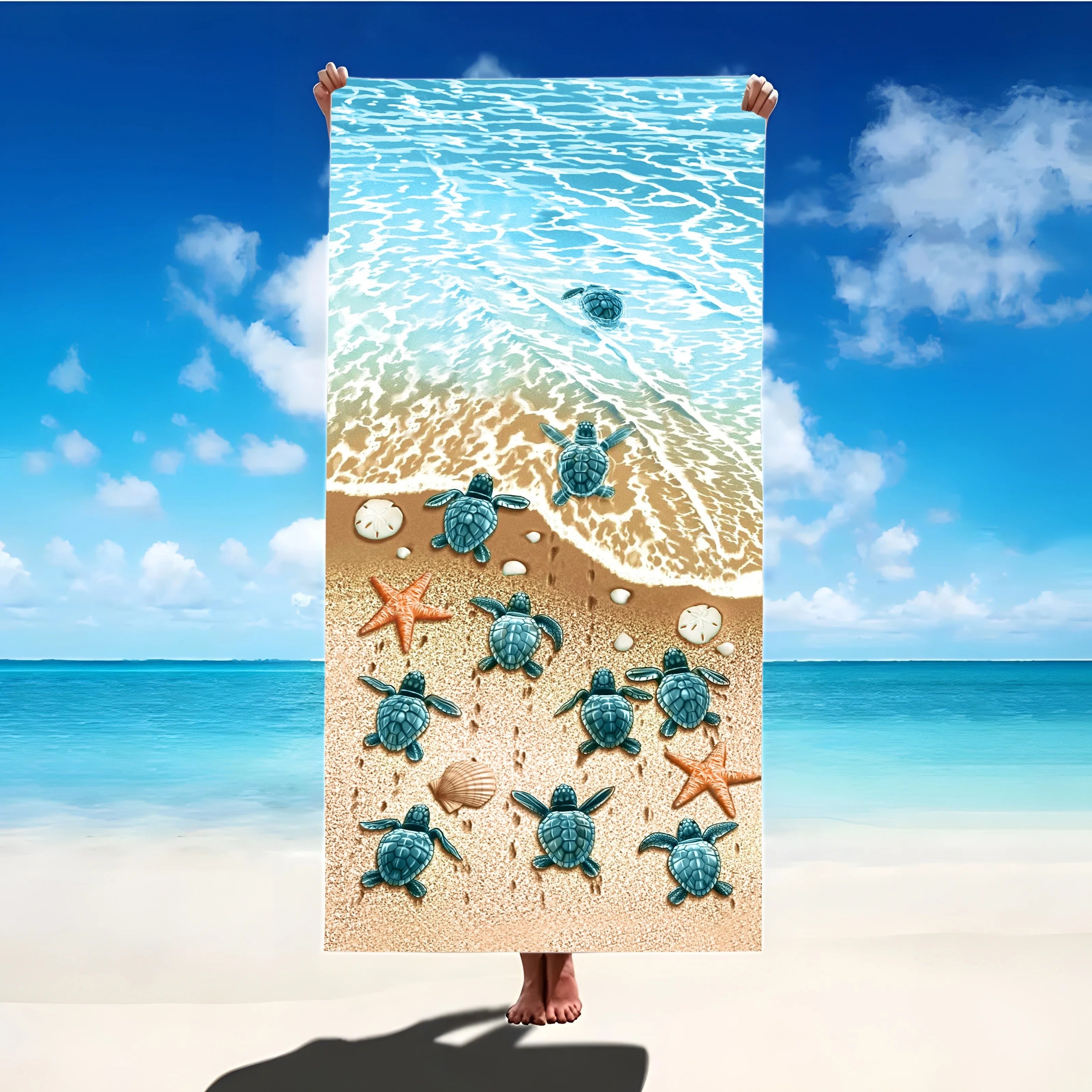1pc, Oversized Microfiber Beach Towel with Cute Sea Stars and Turtles Graphic Pattern - Lightweight and Modern