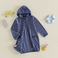 1-6Y Kids Bath Robes Towel Long Sleeve Front Zipper Striped Surf Poncho Swimming Outerwear for Boys Girls Beach Cover-ups