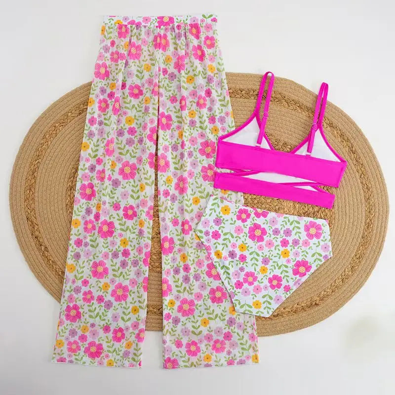 3 Pieces High Waist Bikini 2026 Girls Swimsuit & Beach Pant Swimwear Children Bathers Bathing Swimming Swim Suit Beachwear 8-12Y