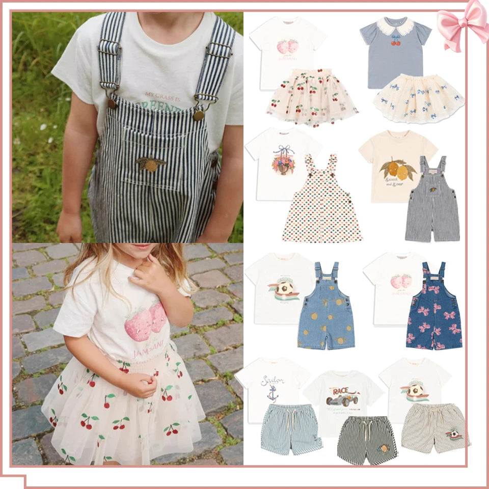 Boys Denim Overalls 2025 KS Girls Cute T-shirt Skirt Boy Simple Cool Tee Tops Shorts Baby Kids Beach Shorts Children Clothes Set