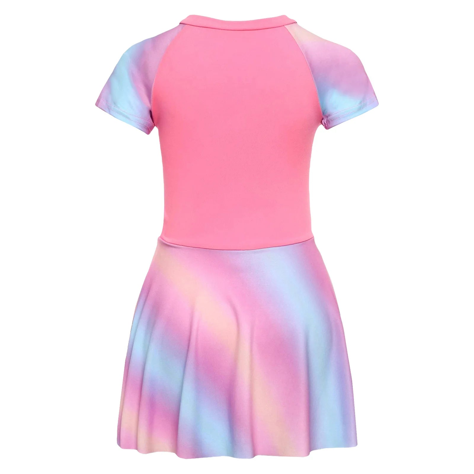 Fashion Girls One Piece Swim Dress Short Sleeve Color Block Swimsuit with Chest Pads Front Zipper And Safety Shorts Beachwear