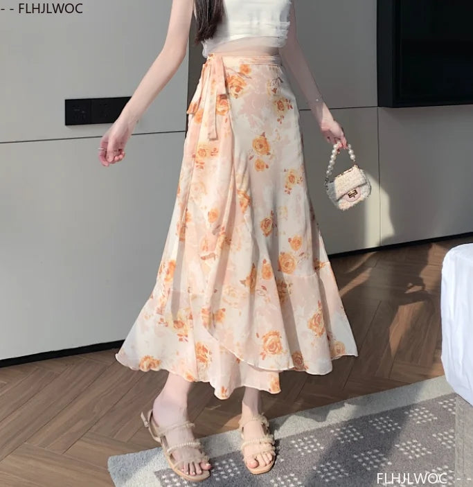 Wrap Up Chic Korea Clothes Women Cute Girls Floral Robe Holiday Beach Date High Waist Retro Vintage One-Piece Lace-Up Skirts