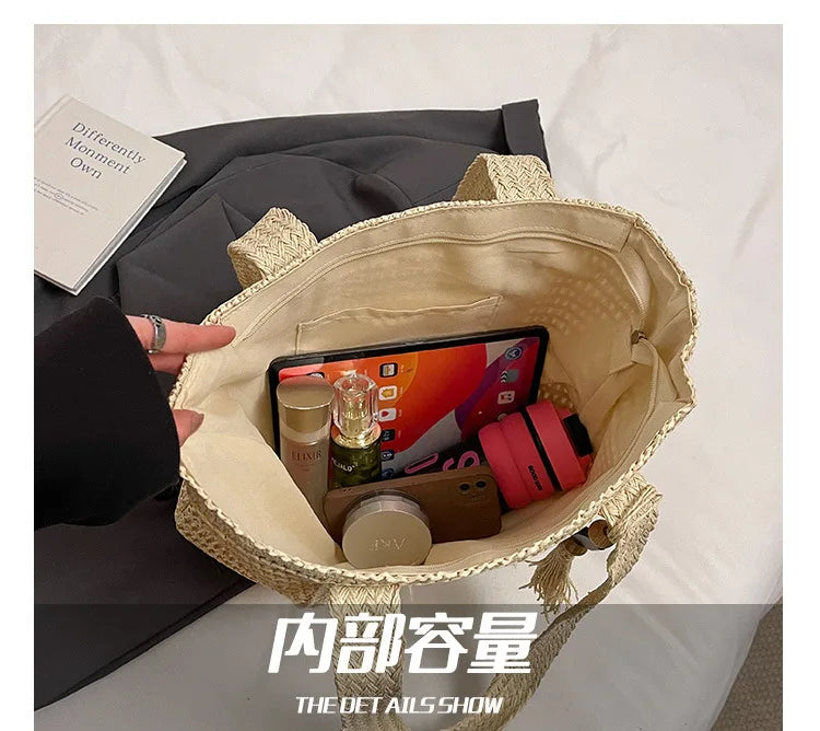French style large capacity woven straw woven bag for women, new beach vacation shoulder bag, casual commuting tote bag