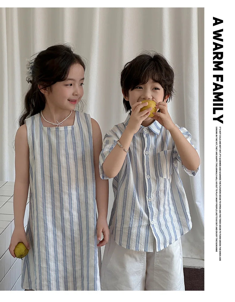 Korea Style Family Matching Outfit Striped Print Short Sleeve T-shirt+Shorts Tank Dress Parent-child Clothing Beach Holiday Look