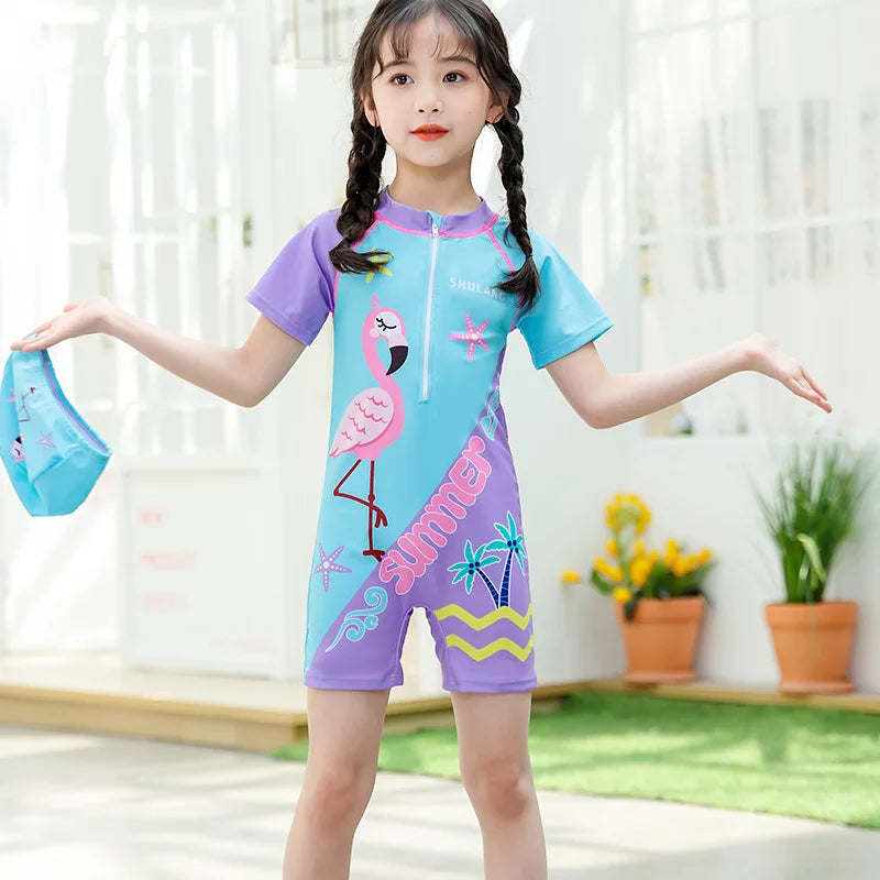 Girls Swimsuits One-Piece Bathing Suits with Hat Summer Beach Water Sport Short Swimsuit with Cartoon Pattern for 2-13 Years Old