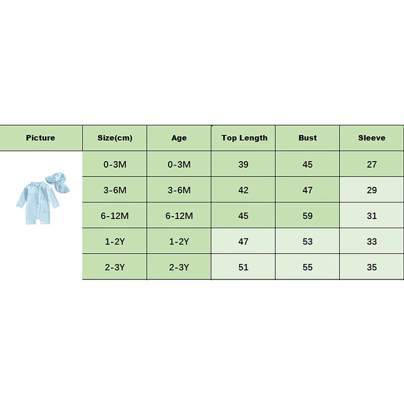 0-3T Toddler Boys Girls Rash Guard Swimsuit with Hat 2 Pcs Set Striped Pattern Zip Up Long Sleeve Crew Neck Baby Swimwears