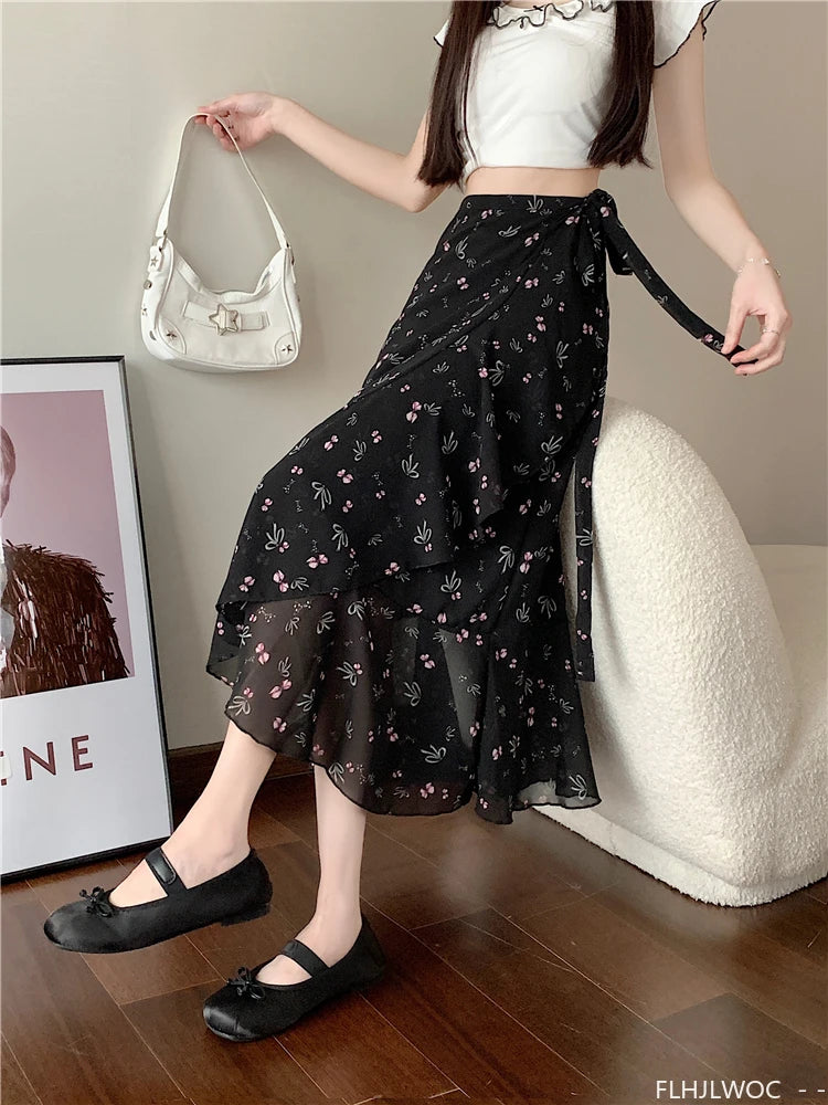 Wrap Up Chic Korea Clothes Women Cute Girls Floral Robe Holiday Beach Date High Waist Retro Vintage One-Piece Lace-Up Skirts