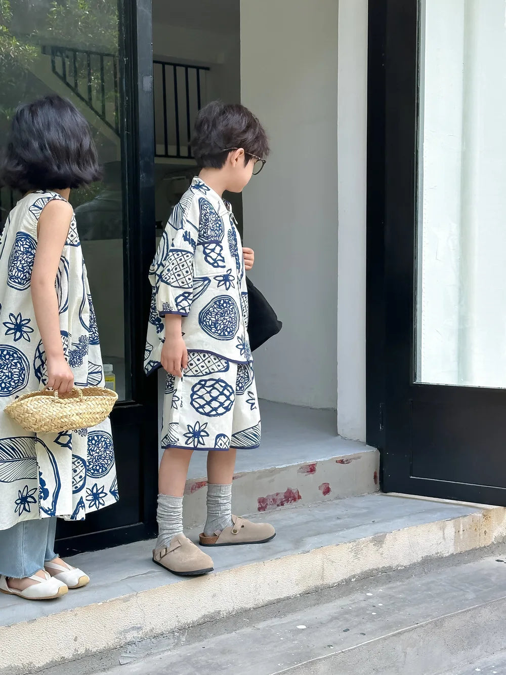 22386-1 Brother Sister Clothes  Boy's Summer Suit Girl's Dress Or Casual Short-sleeved Shirt+Shorts Two-piece Suit