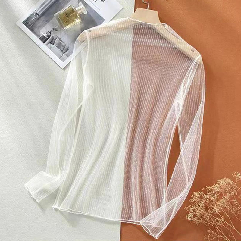 Lace Sheer Women‘s T-Shirt Fashion Mesh Summer Thin Bottom Shirt Transparent Long Sleeve Blouses Ladies Tops High Neck Tee Soli