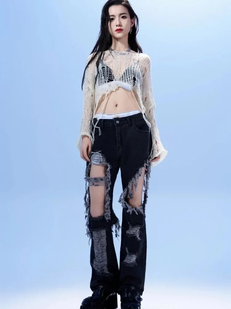 Y2k Cropped Hole Sweater Sexy Gyaru Hollow Out Knit Pullovers Goth Korean Long Sleeve Jumper Summer Fashion Sheer Knitwears Tops
