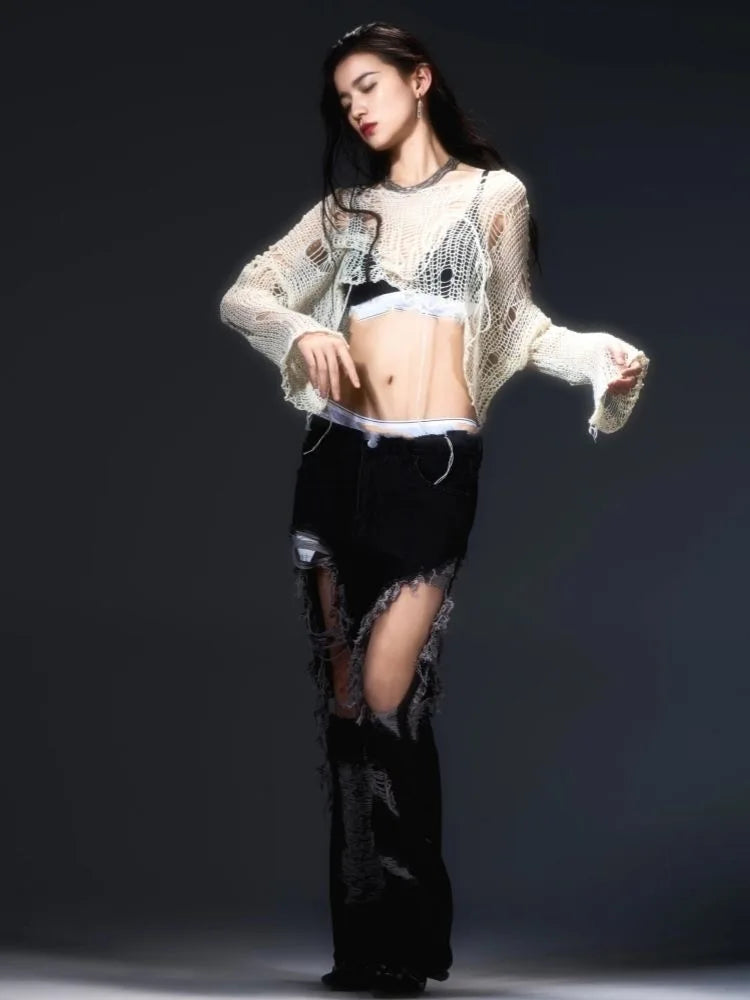 Y2k Cropped Hole Sweater Sexy Gyaru Hollow Out Knit Pullovers Goth Korean Long Sleeve Jumper Summer Fashion Sheer Knitwears Tops