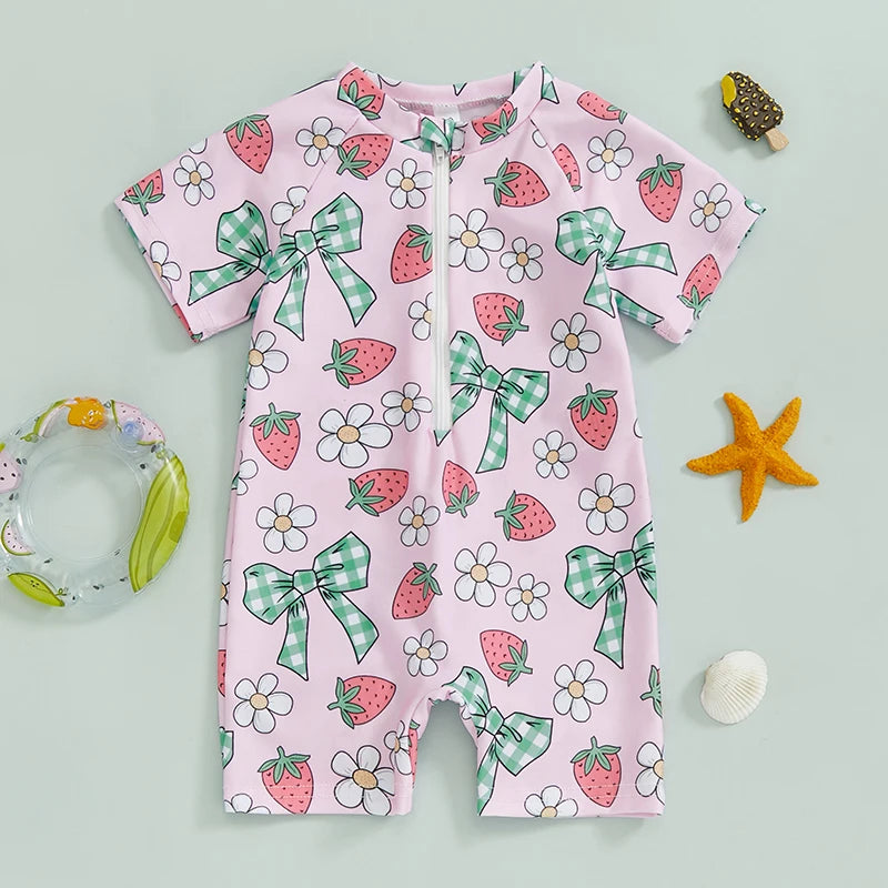 0-3Years Baby Boy Girl Rash Guard Swimsuits Fashion Print Short Sleeve Zip Up Rompers Bathing Suit Toddlers Swimwears Beachwear