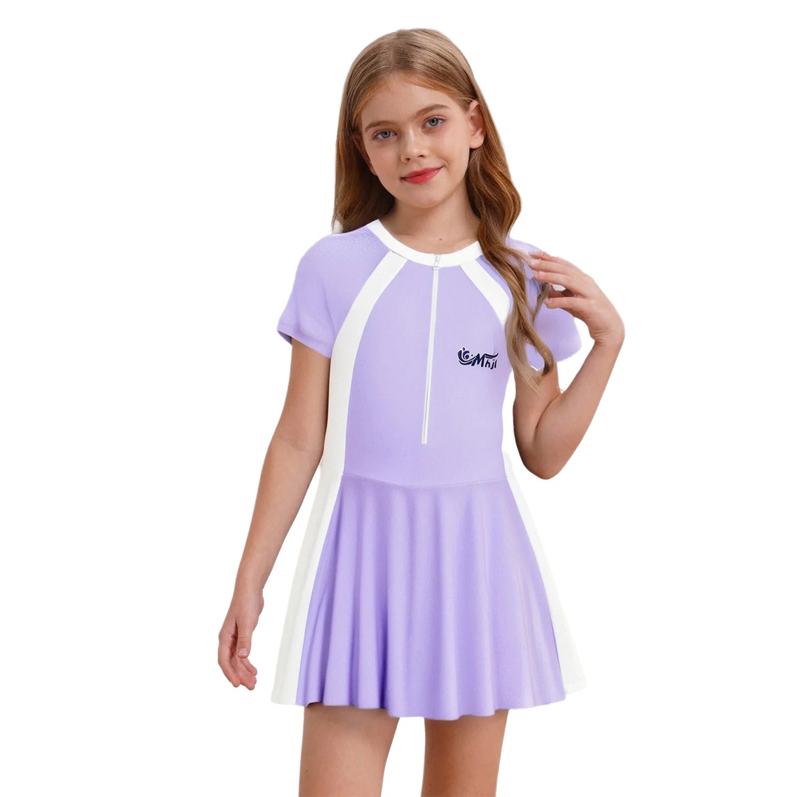 Fashion Girls One Piece Swim Dress Short Sleeve Color Block Swimsuit with Chest Pads Front Zipper And Safety Shorts Beachwear