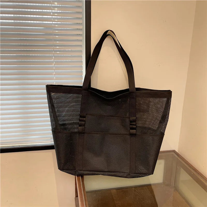Large Capacity Canvas Beach bag Versatile Commuting Shopping Shoulder bag Lightweight Semi Transparent Mesh Hollow bag