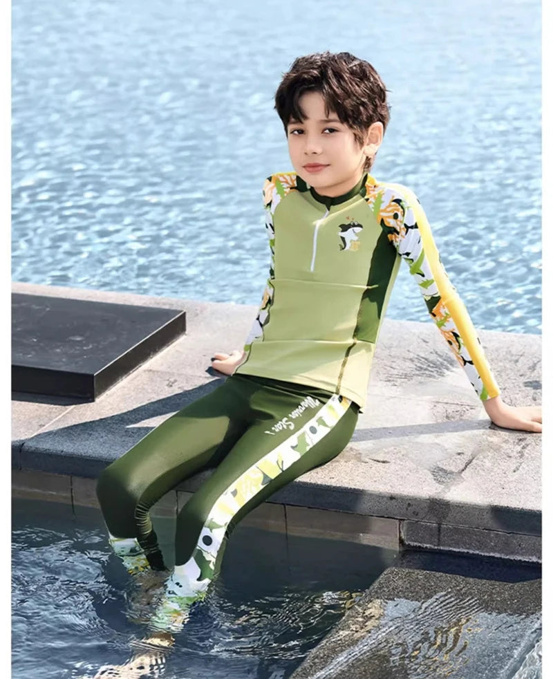 Full Body Boys Swimwear Sun Protection Kids Swimsuit Two Piece Children Long Sleeve Bathing Suit Summer Swimming Pool Clothes