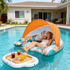 Inflatable Pool Float with Canopy Floating Lounge Chair Ergonomic Headrest Water Hammock for Summer Beach Vacation Relaxation