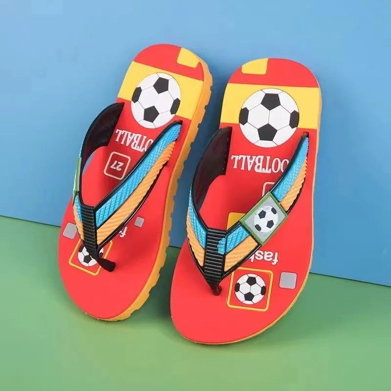 New Summer Baby Boys Girls Slippers Children PVC Cartoon Football Print Flops Flips Beachwear Outdoor Red Blue Green Kids Shoes