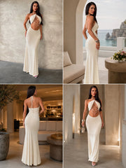 Halter Neck Cutout Bodycon Maxi Dress for Women, Pearl Chain Decor Sleeveless Backless Mermaid Dress Clubwear Cocktail Party Outfit