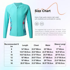 Kids Girls Print Rash Guard T-Shirt Swim Top Long Sleeve Zipper Tops UPF 50+ Sun Protection Pool Swimming Bathing Beach Swimwear