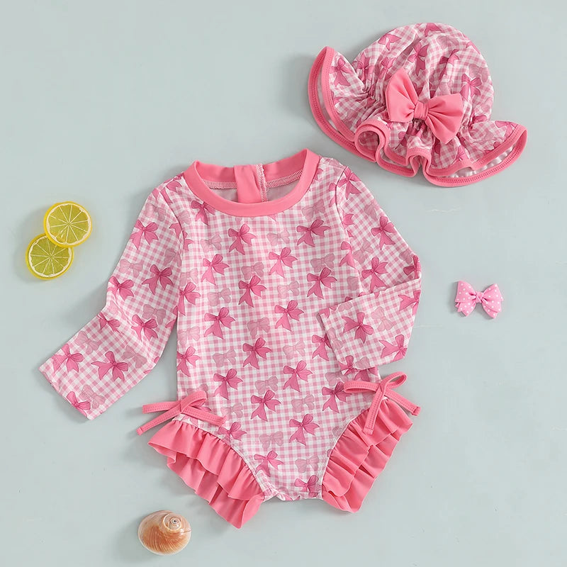 1-4T Children Baby Girl Rash Guard Swimsuit Long Sleeve Bow Plaid Print Bathing Suit Infant Swimwear with Sun Hat