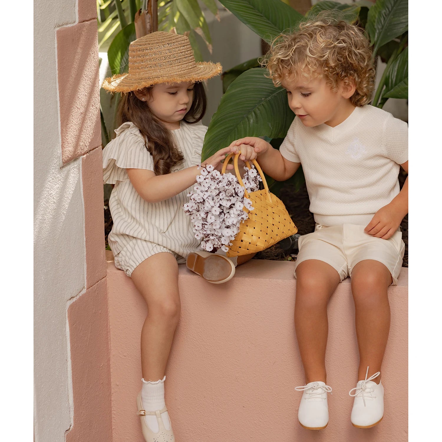 AP Santorini Stripe Collection SS26 Girls Ruffles Sleeve Dress Baby Kids Set V-neck Knit Top Brothers Sisters Family Matching
