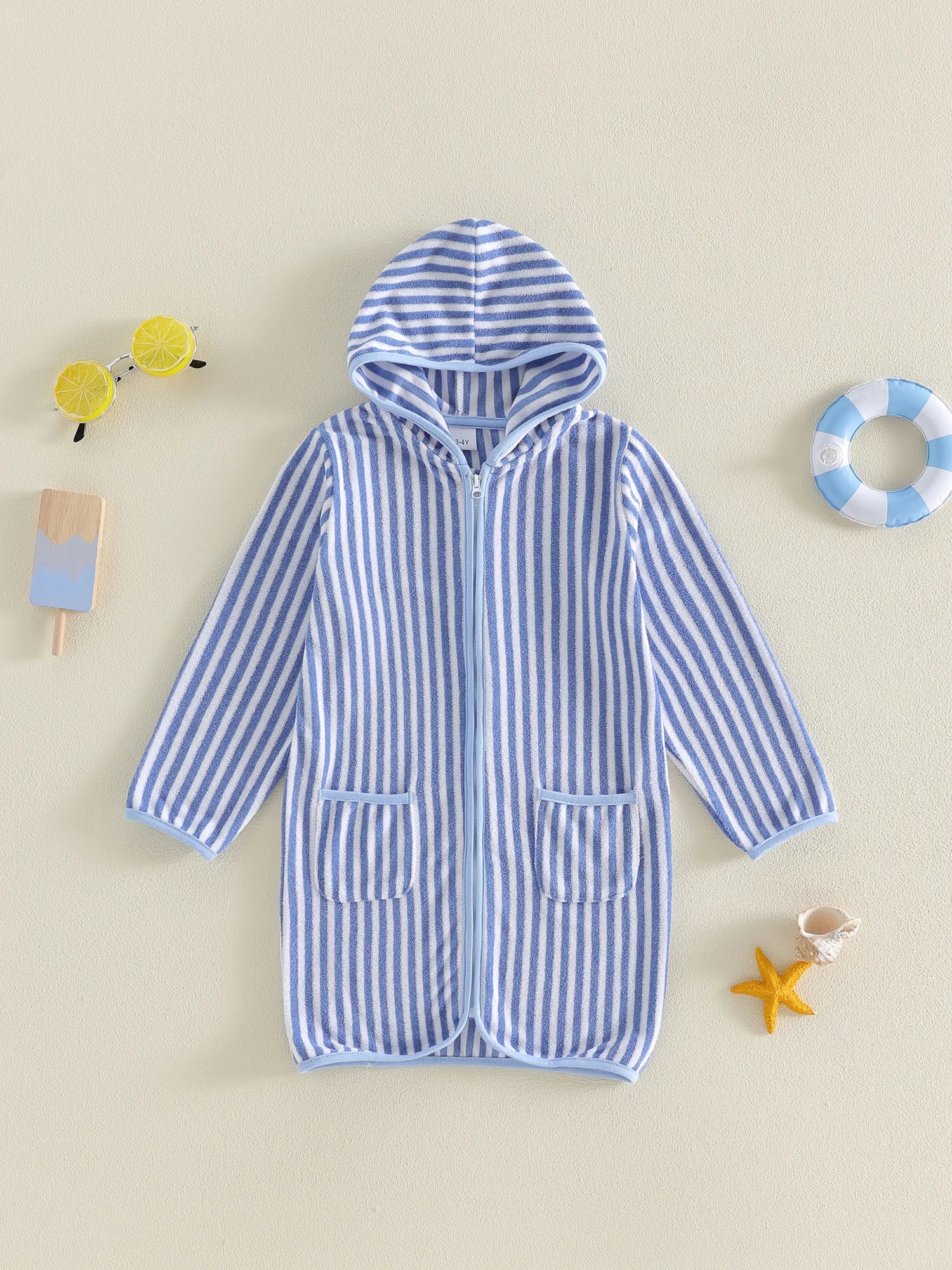 1-6Y Kids Bath Robes Towel Long Sleeve Front Zipper Striped Surf Poncho Swimming Outerwear for Boys Girls Beach Cover-ups