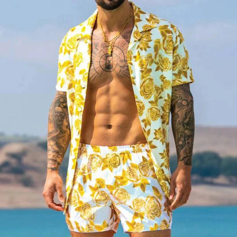 Men Hawaiian 2Pcs Sets Summer 3D Printing Short Sleeve Shirt Beach Button Shorts Streetwear Shirt Holiday Men's Two Piece Suit