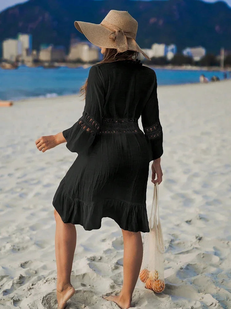 Beach Vacation Bikini Cover-Up Dress with Ball Decoration, Lightweight Sheer Fringed Tie Up Open Cardigan, Sexy Fitted Style