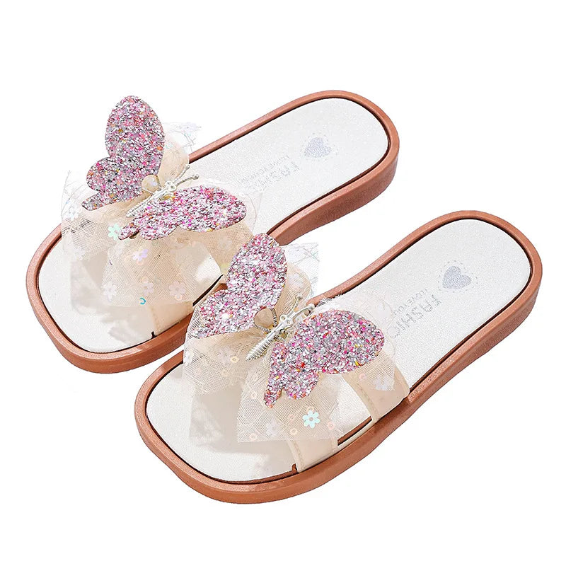 2026 Children's Summer Butterfly Knot Beach Sandals Plastic Slip-On Home Slippers Anti-Slip Beachwear Girls Flip Flops