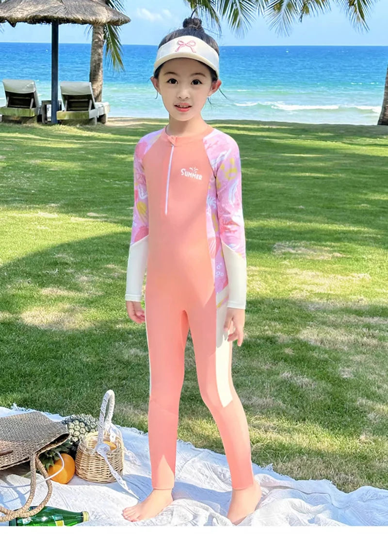 Sun Protection One Piece Girls' Swimsuit Girl Kids Swimming Suits Long Sleeve Childrens Bathing Suit Beachwear Surfing