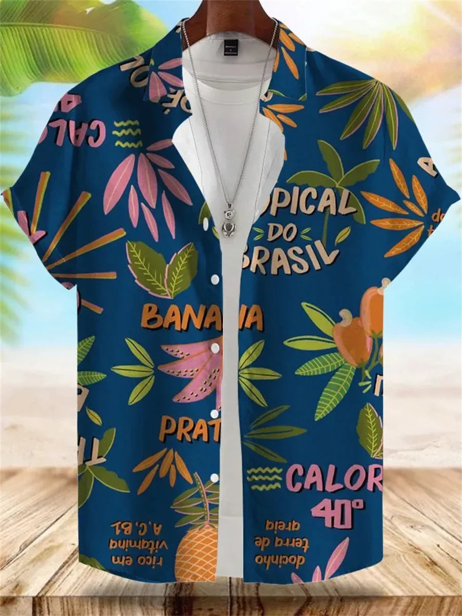 2026 Summer New Men's Tropical Floral Print Short-Sleeve Shirt, Casual Loose Fit, Vacation Style, Beachwear, Hawaiian Shirt