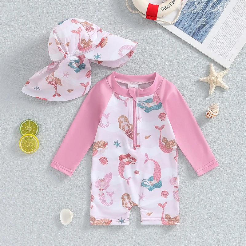 VISgogo Baby Girls Bathing Suit Sea Shell Print Long Sleeve Rash Guard Swimsuit Wide Brim Sun Hat Infant Toddler Beachwear
