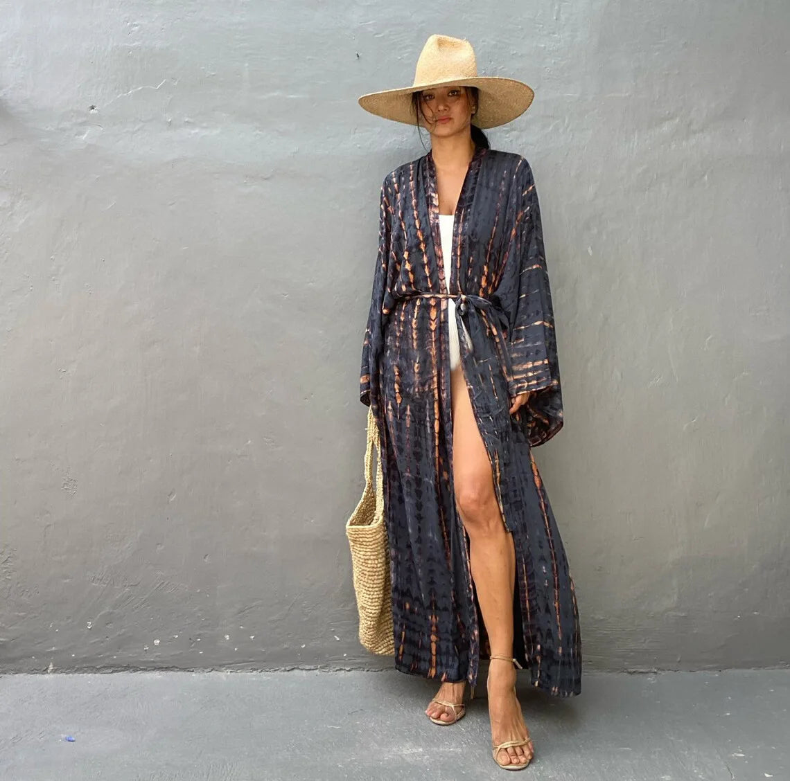Women's Boho Stripe Tie Dye Swimsuit Cover Up with Belt Tunic Sarong Cardigan Dress Bikini Cover-ups Beach Wear Kimono