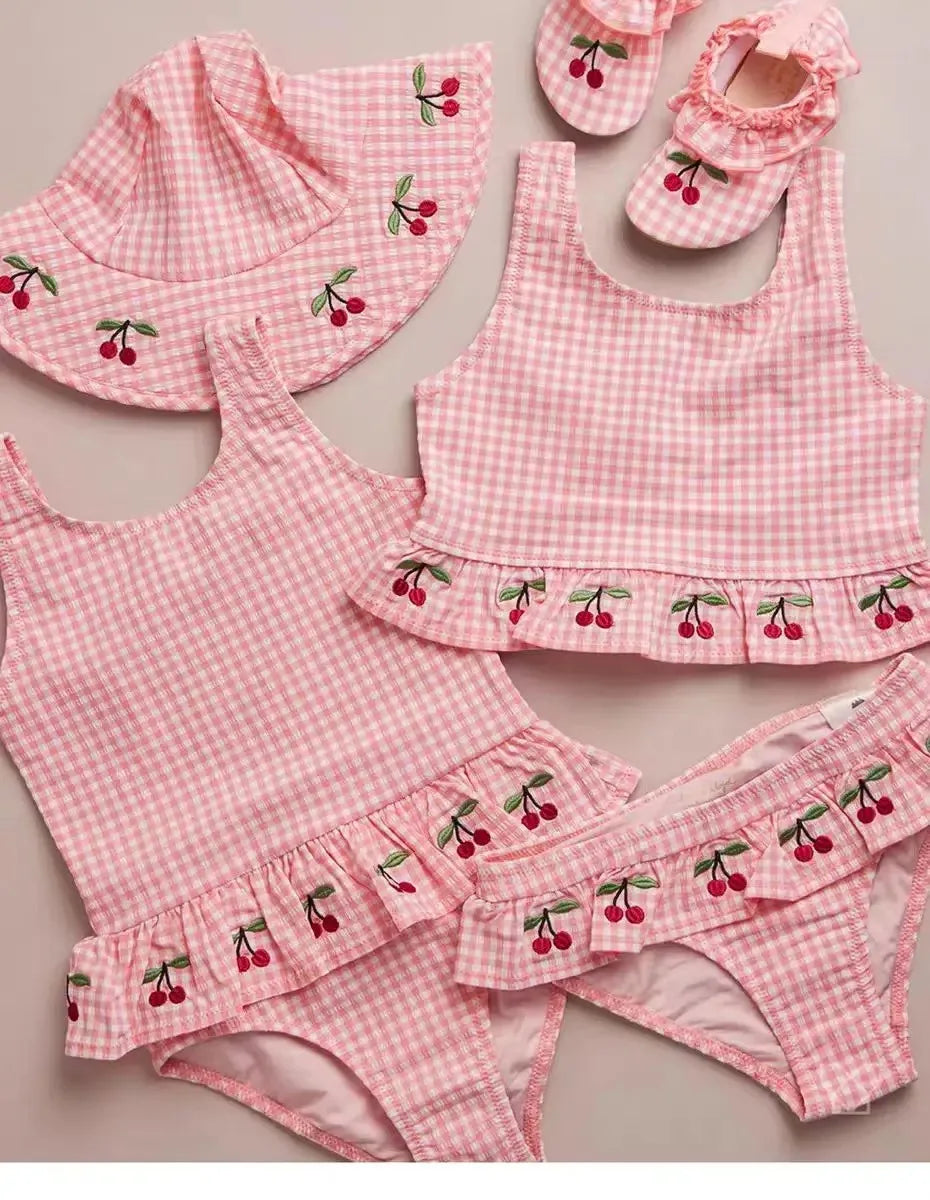 2026 KS Baby Girls Swimming Suit Wear Kids Clothes Girls Holiday Swimwears Bikini One Piece Cap Sister Brother Matching 18M-9Y