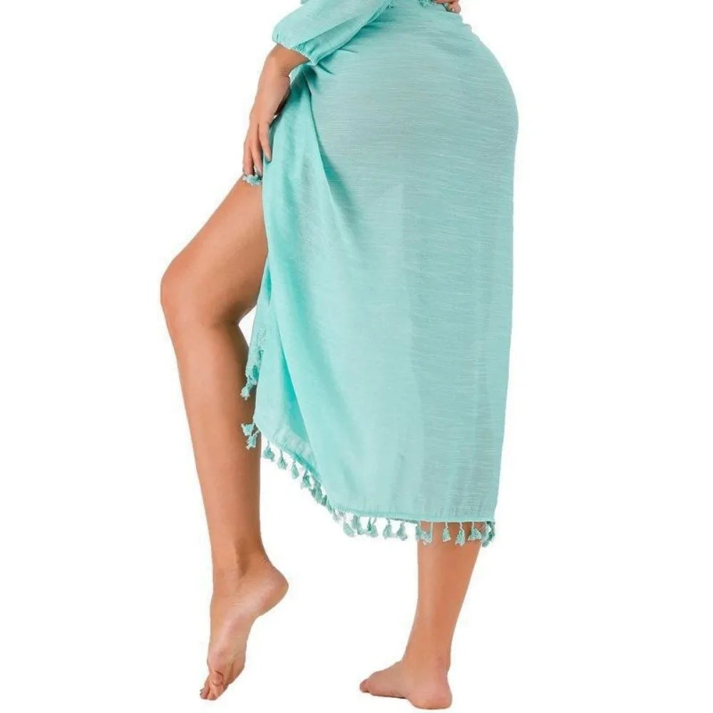 Solid Color Beach Wrap Skirt Sheer Design Quick Drying Sarong Beach Towel Knot Side Tassel Trim Bikini Cover Up