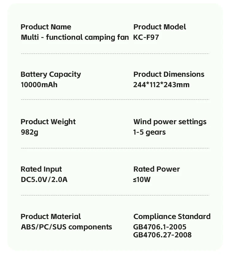 Portable 6 in 1 Outdoor Camping Fan 10000mAh Rechargeable Wireless Tent Ceiling Fan 5 Speed Adjustment Remote Control LED Light