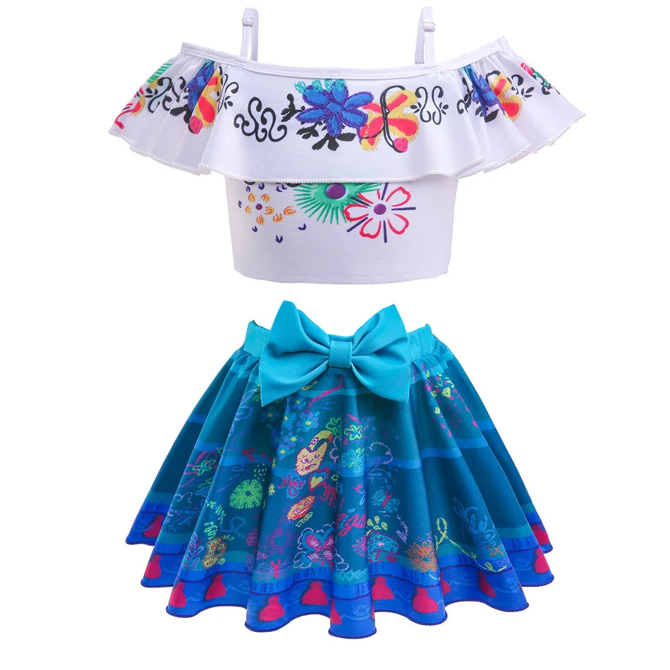 Encanto Cosplay Mirabel Isabela 2Pcs Tops Skirt Set Girls Dolores Luisa Pepa Bikini Swimwear Children Print Beachwear Costumes