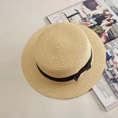 COKPanama Simple Summer Beach Sun Protection Bowknot French-style Small Hat Women's Casual Flat-Brimmed Straw Hat with Bow，Women