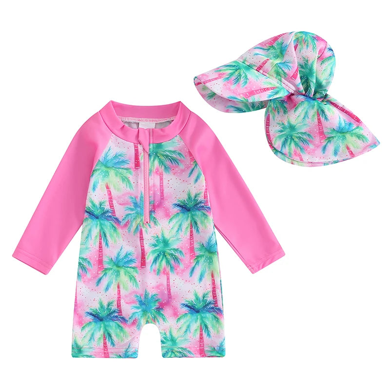 Tregren 0-3Y Toddler Girls Rash Guard Swimsuit with Swim Cap Long Sleeve Floral/Tropical Tree Print Zip Up Swimwear Bathing Suit