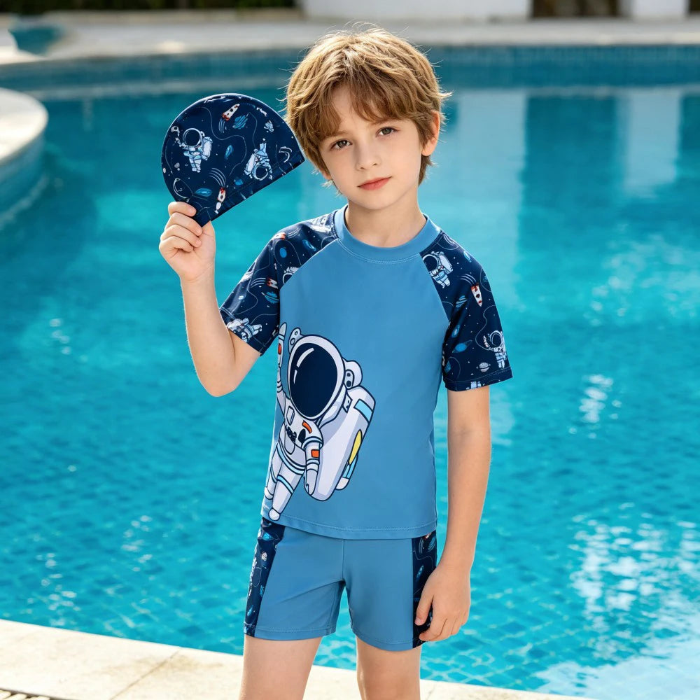 Kids Shark Print Swimwear Set 3Pcs Boys Short Sleeve Rash Guard Swimsuit + Trunks + Hat Children Beachwear Boys Bathing Suit