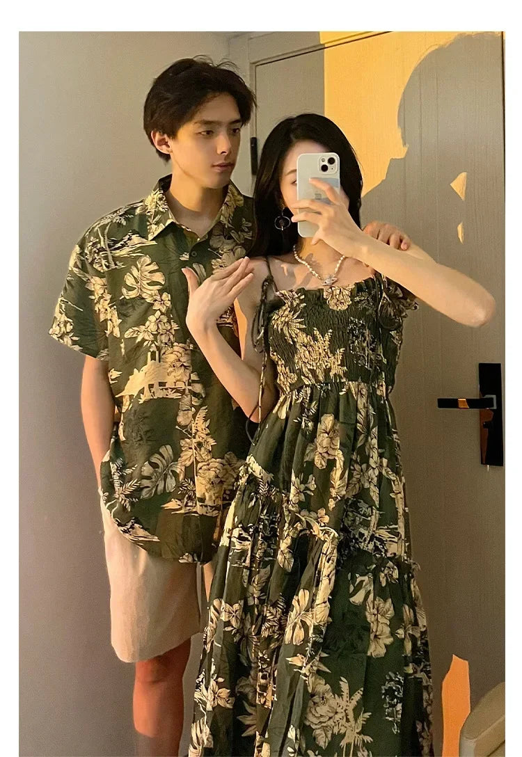 Holiday Family Matching Beach Clothes Couple Vacation Look Mom  Dress Resort Dad Son Print Shirts Outfits Daughter Smock Green
