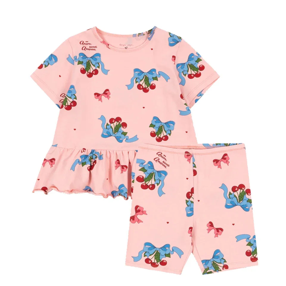 Children Clothes Set 2025 KS Summer Girls Floral Tops Shorts Set Girl Heart Print Slip Dress Kids Short Sleeved Vacation Suit