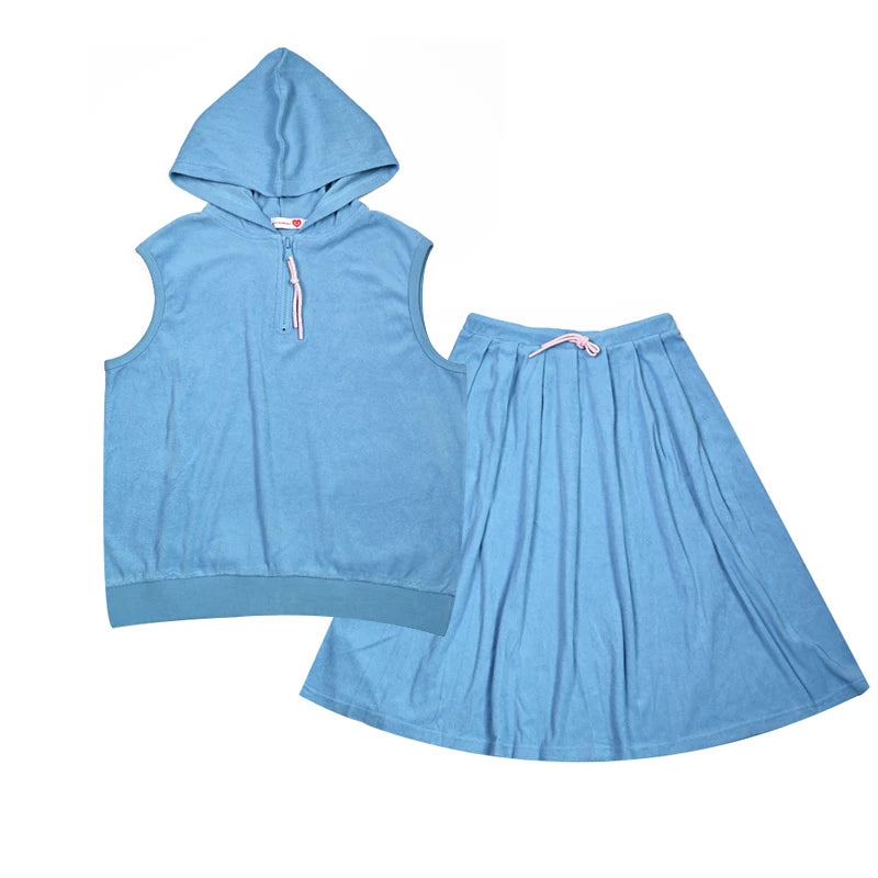 Summer Terry Sibling Clothing Set for Boys And Girls Blue Shirt for Boy Girl Dress Zipper With Colorful Drawstring Teens Outfit