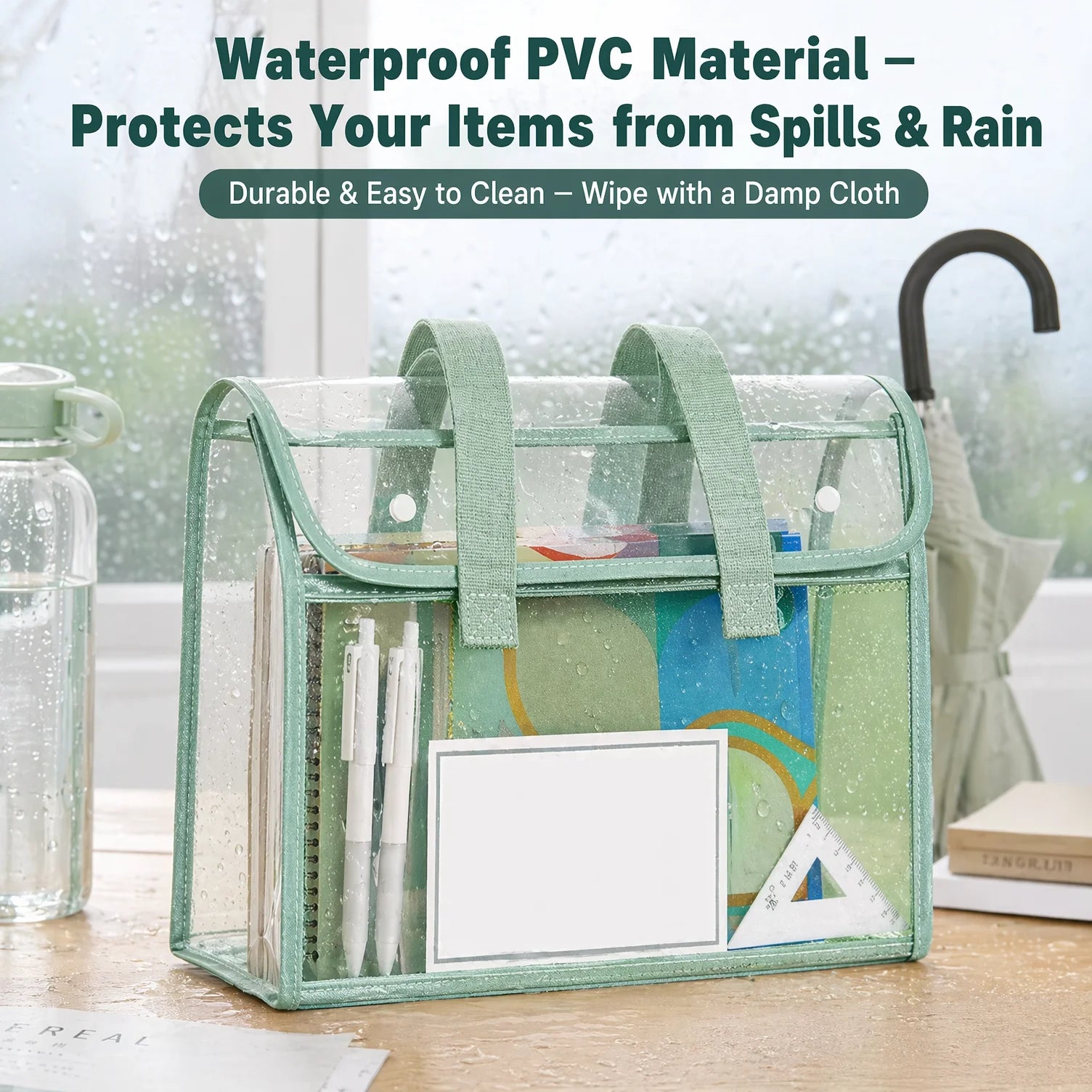 Clear Transparent PVC Tote Bag Large Capacity Waterproof Mesh Pocket Reinforced Handle for School Commute Beach