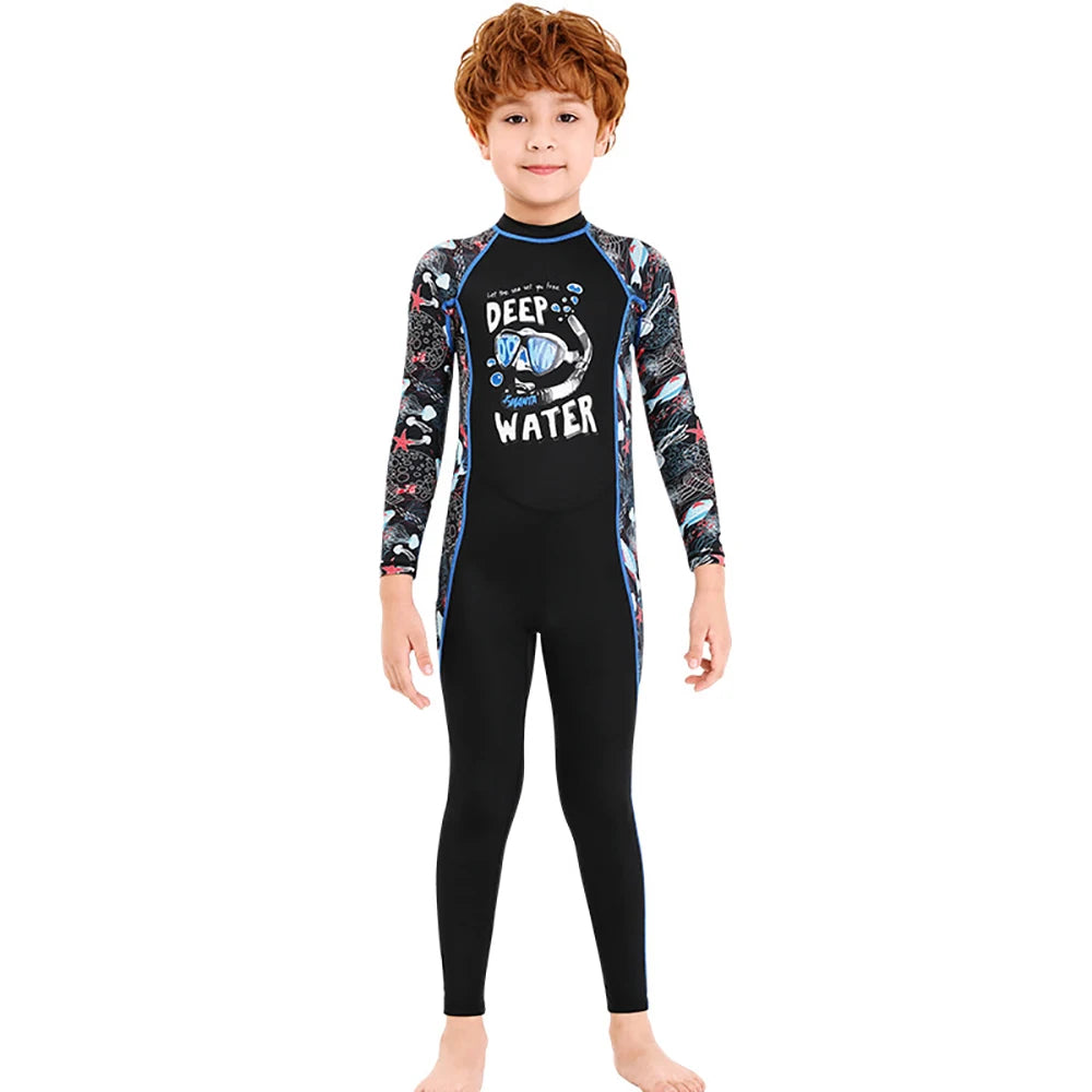 Girl Boy Swimwear Zipper One Piece Suit Kids Sunscreen Quick Drying Long Swimsuit Beachwear Bathing Suit(Including Swimming Cap)