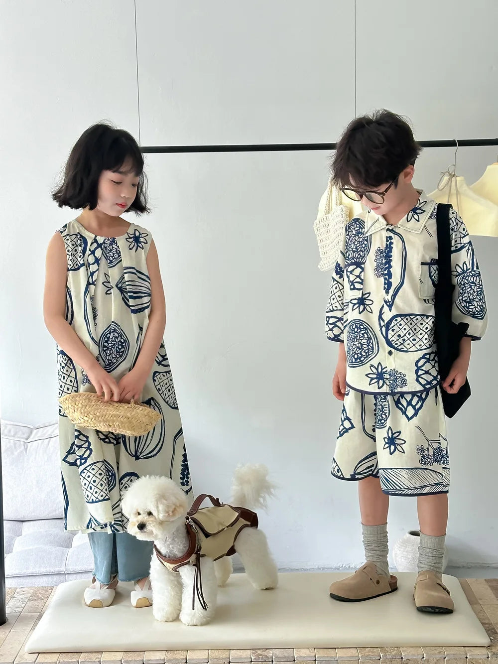 22386-1 Brother Sister Clothes  Boy's Summer Suit Girl's Dress Or Casual Short-sleeved Shirt+Shorts Two-piece Suit
