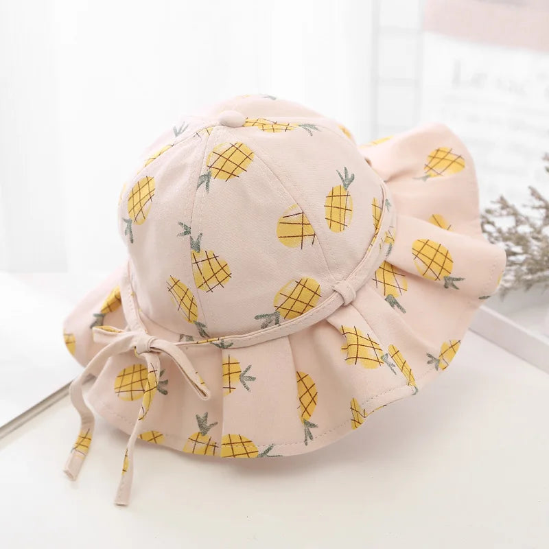 Sweet Baby Summer Hat for Girls Cotton Fruit Print Kids Bucket Hats Bowknot Princess Children Sun Cap Beach Travel 1-3Y